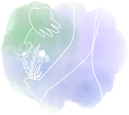 illustration sur aquarelle vert parme bleu d un ventre rond de femme enceinte avec des mains poser sur celui ci et un bouquet de fleur