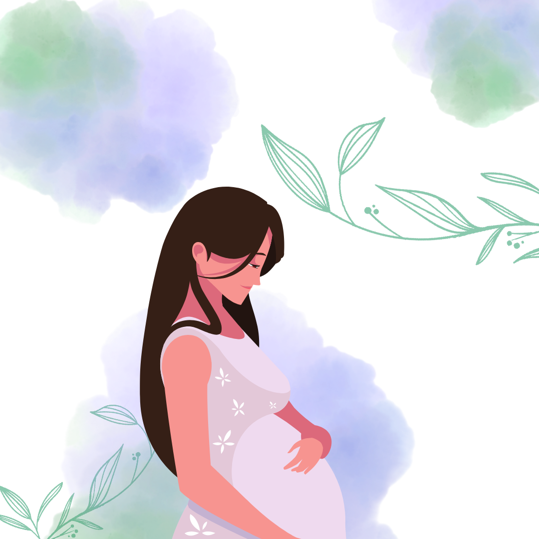 illustartion d une femme enceinte avec aquarelle parme vert et bleu et feuillage
